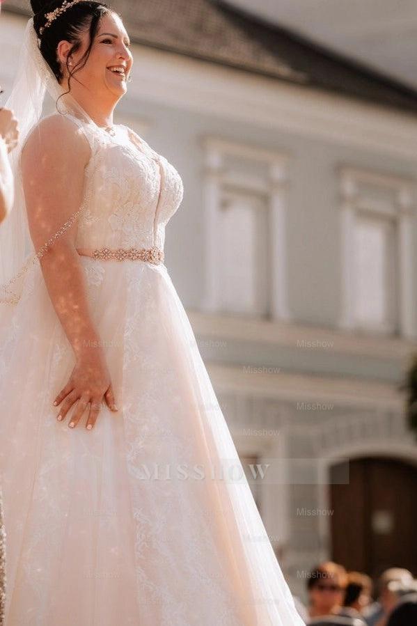 Elegant Ivory V-Neck Sleeveless A-Line Wedding Dress with Appliques and Beaded Belt