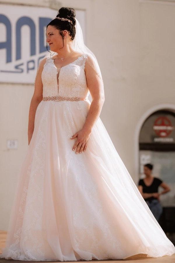 Elegant Ivory V-Neck Sleeveless A-Line Wedding Dress with Appliques and Beaded Belt