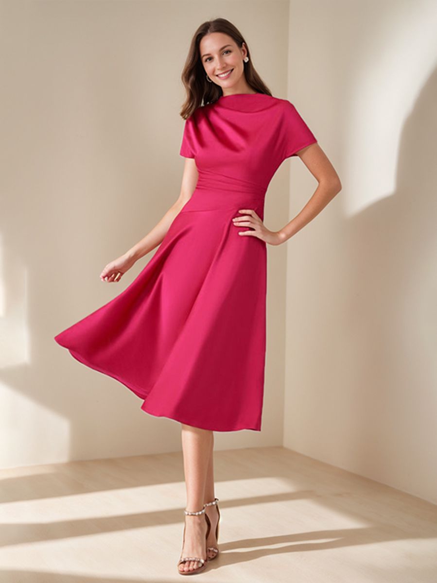 Elegant Knee-Length Wedding Guest Dress with Ruched Detail A-Line/Princess Cut Scoop Neck and Short Sleeves