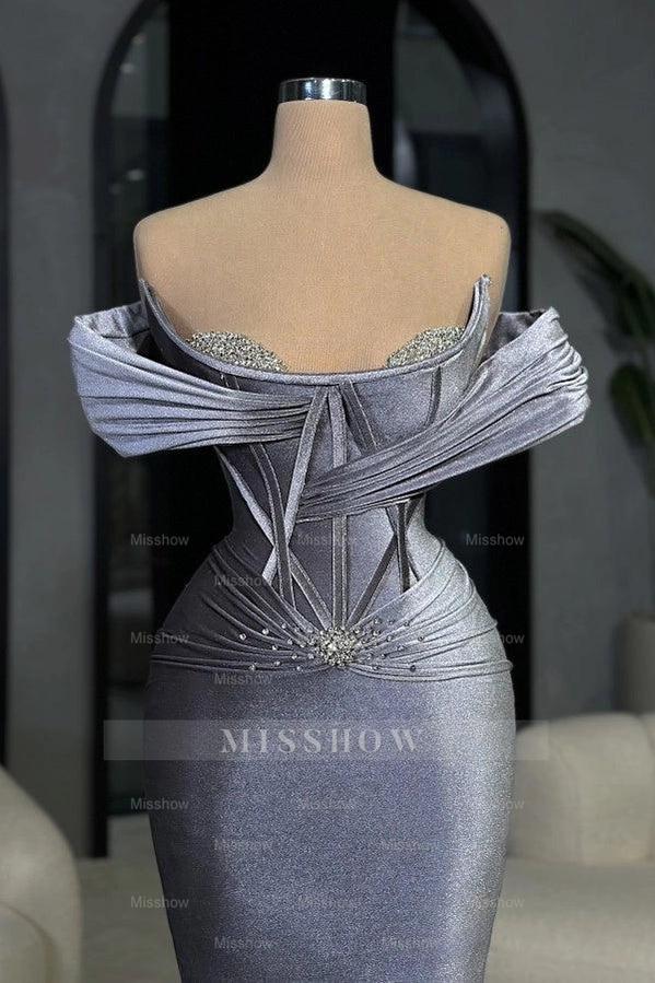 Elegant Lavender Off-The-Shoulder Sleeveless Mermaid Formal Dress with Rhinestones and Sweep Train