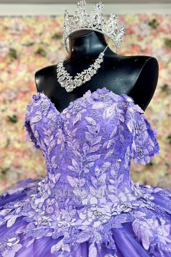 Elegant Lavender Sweetheart Cap Sleeve Applique Lace-Up Ball Gown Quinceanera Dress
