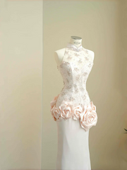 Elegant Light Pink Lace Sequin Beaded Evening Dress Slit Mermaid Prom Dress