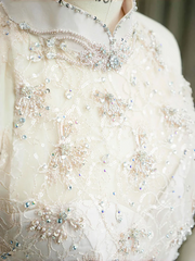 Elegant Light Pink Lace Sequin Beaded Evening Dress Slit Mermaid Prom Dress