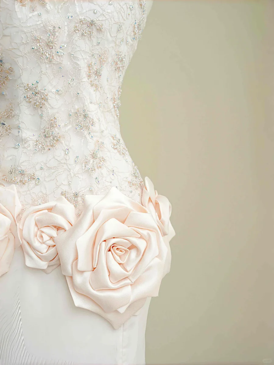 Elegant Light Pink Lace Sequin Beaded Evening Dress Slit Mermaid Prom Dress