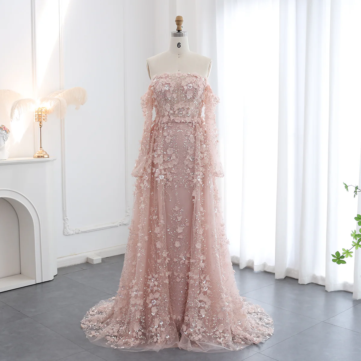 Elegant Long 3D Flowers Pink Off-the-shoulder Long Sleeves Evening Dress with Overskirt