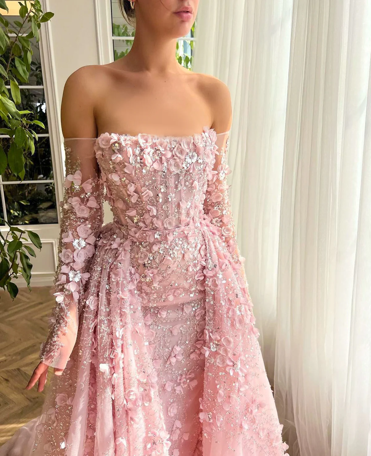 Elegant Long 3D Flowers Pink Off-the-shoulder Long Sleeves Evening Dress with Overskirt