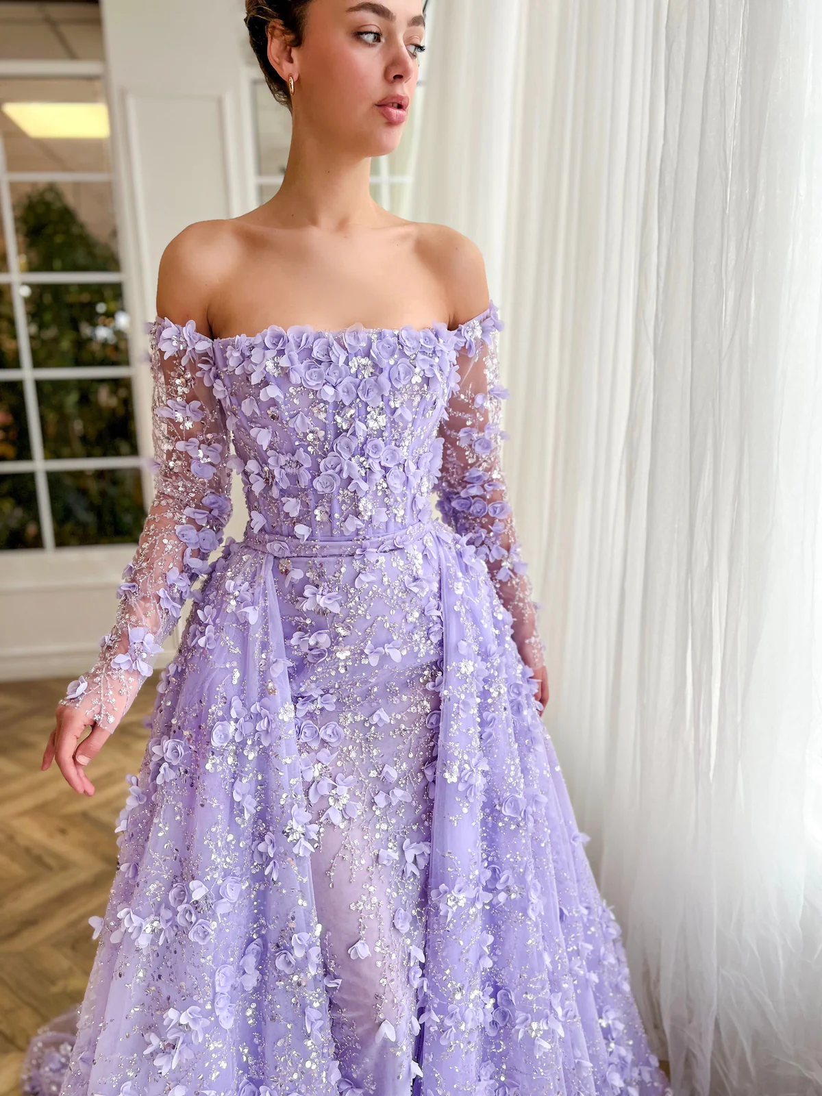 Elegant Long 3D Flowers Pink Off-the-shoulder Long Sleeves Evening Dress with Overskirt