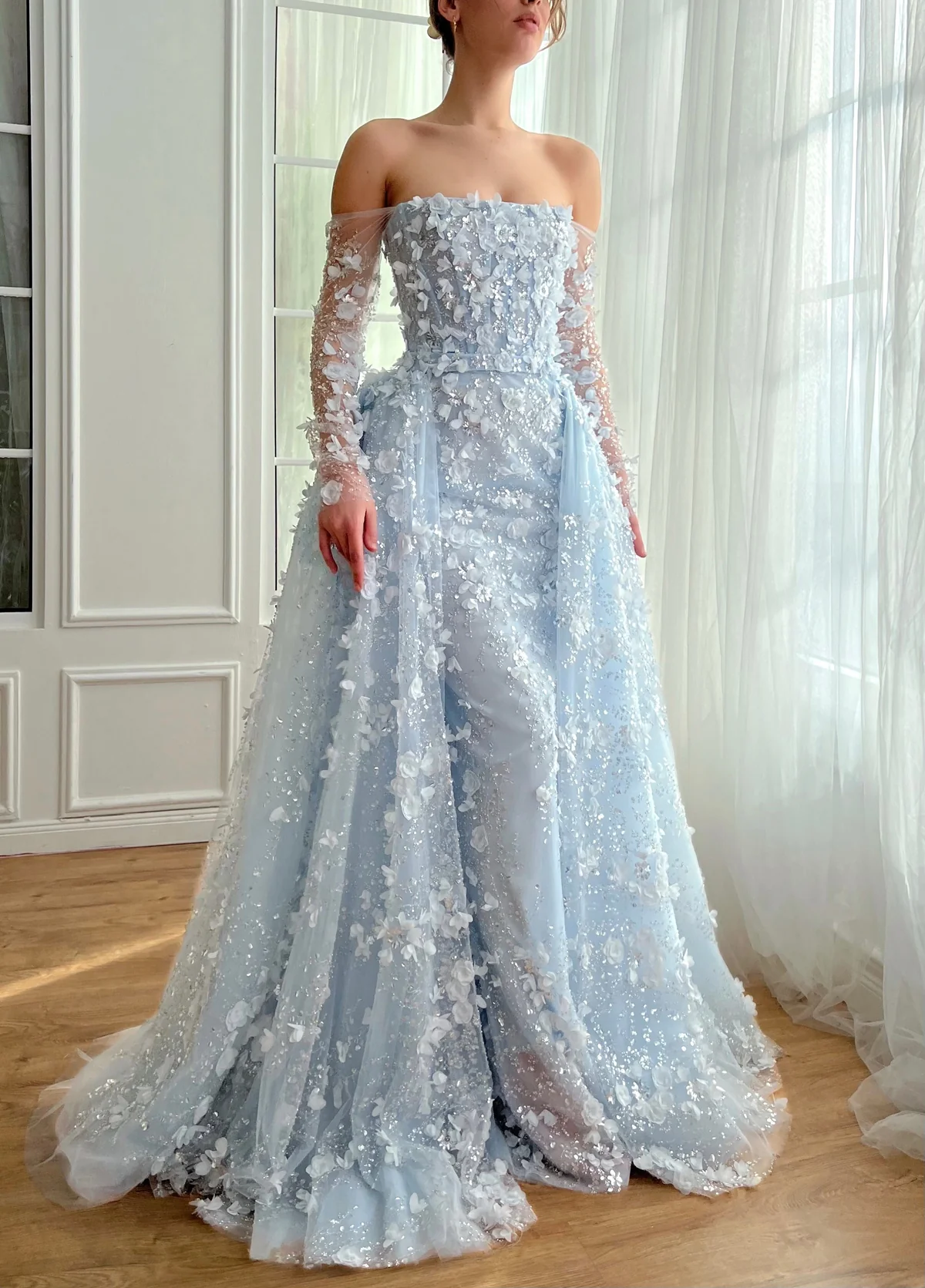 Elegant Long 3D Flowers Pink Off-the-shoulder Long Sleeves Prom Dress with Overskirt