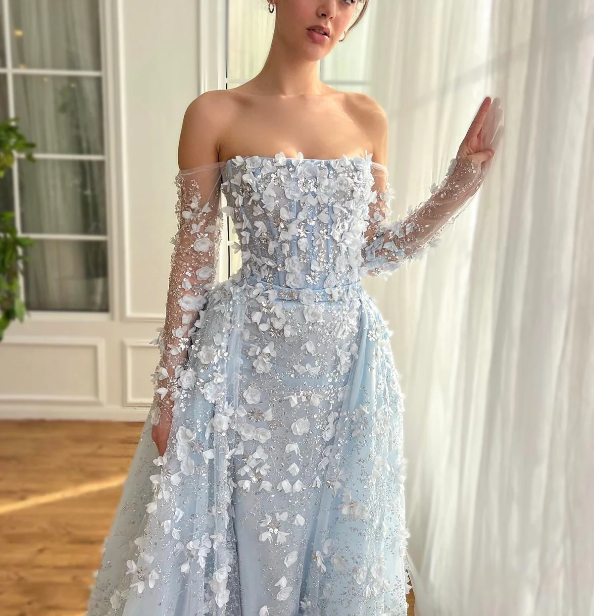 Elegant Long 3D Flowers Pink Off-the-shoulder Long Sleeves Prom Dress with Overskirt