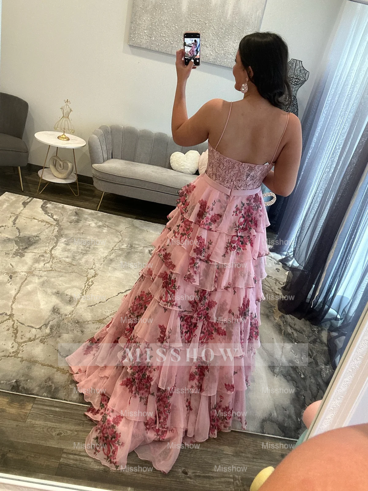 Elegant Long A-line Pink Speghetti Straps Floral Prom Dress with Lace and Slit
