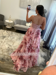 Elegant Long A-line Pink Speghetti Straps Floral Prom Dress with Lace and Slit