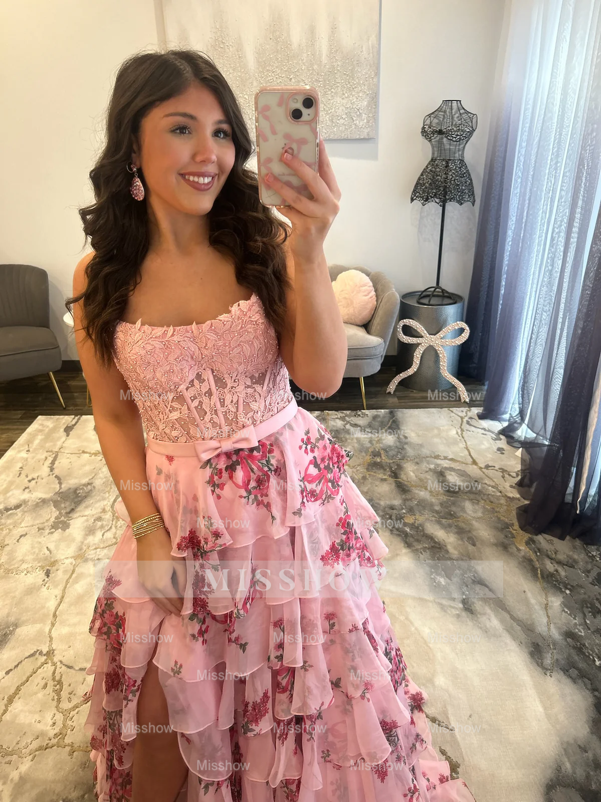 Elegant Long A-line Pink Speghetti Straps Floral Prom Dress with Lace and Slit