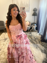Elegant Long A-line Pink Speghetti Straps Floral Prom Dress with Lace and Slit