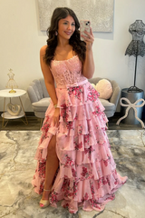 Elegant Long A-line Pink Speghetti Straps Floral Prom Dress with Lace and Slit