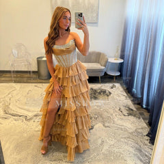 Elegant Long A-line Strapless Glitter Cake Prom Dress with Slit