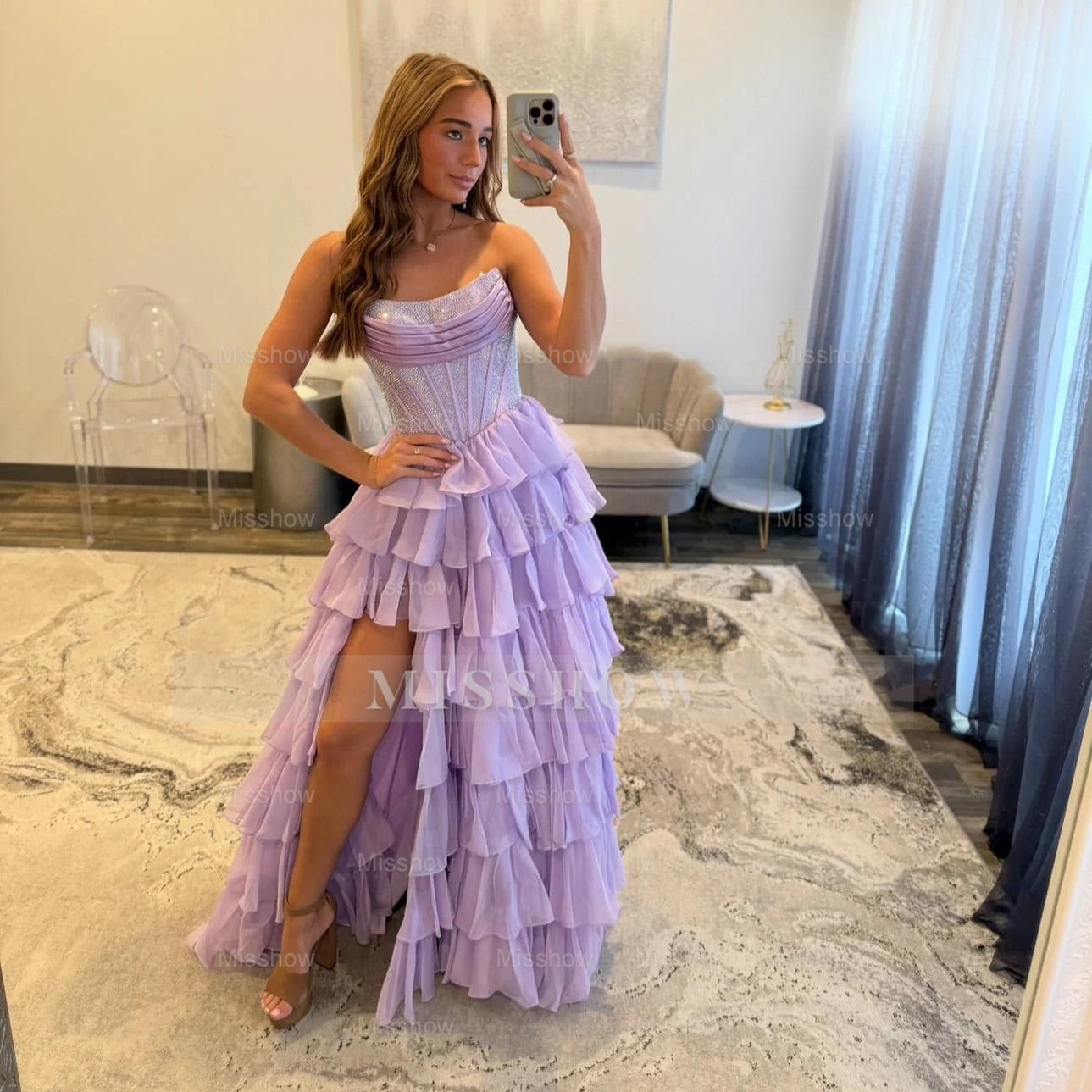 Elegant Long A-line Strapless Glitter Cake Prom Dress with Slit