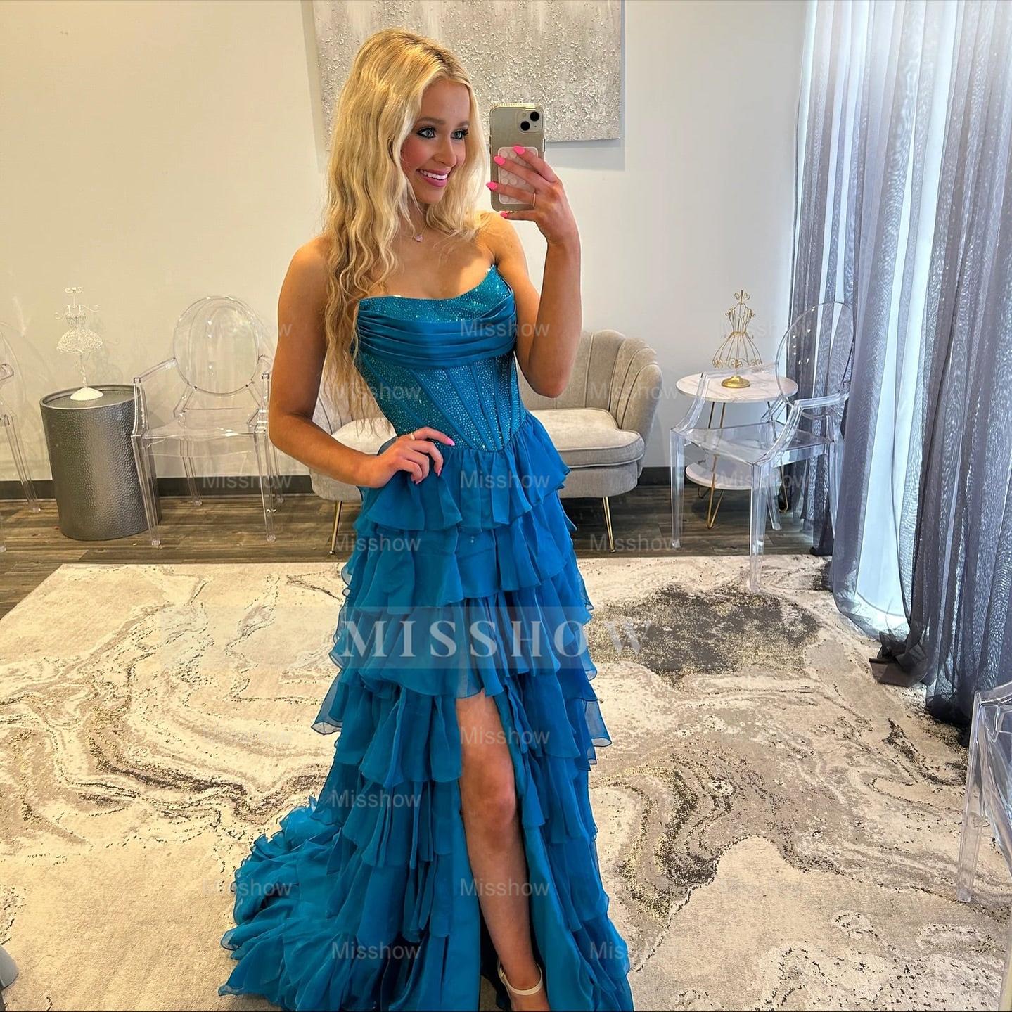 Elegant Long A-line Strapless Glitter Cake Prom Dress with Slit