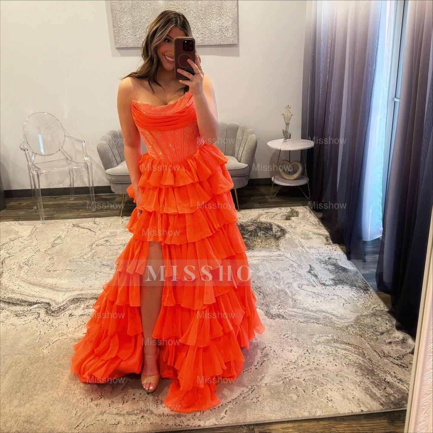 Elegant Long A-line Strapless Glitter Cake Prom Dress with Slit