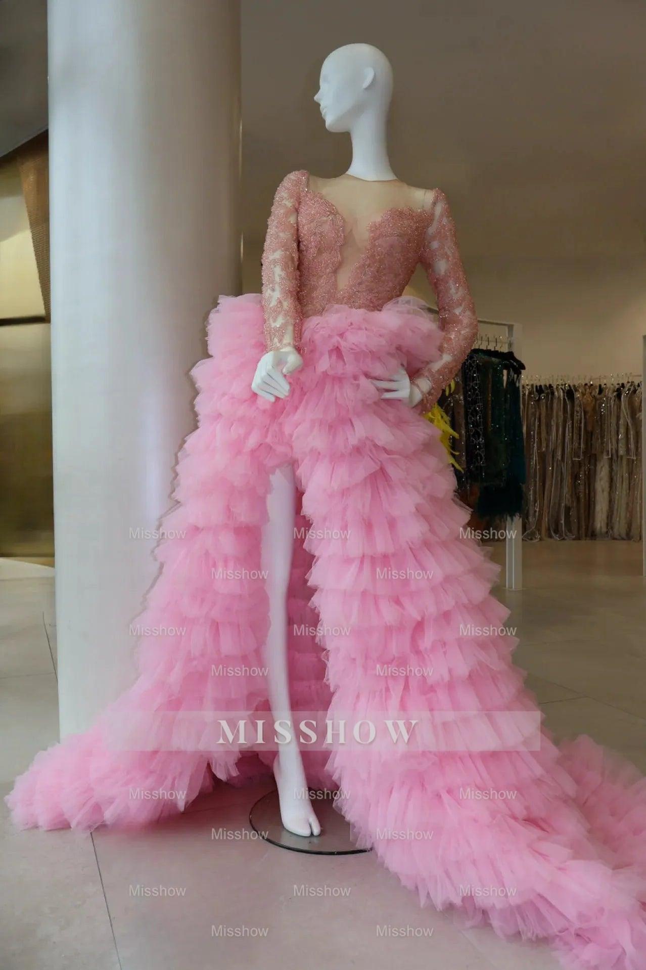 Elegant Long Black Beaded Bodice Tulle Ball Gown Evening Dress with Slit and Ruffles