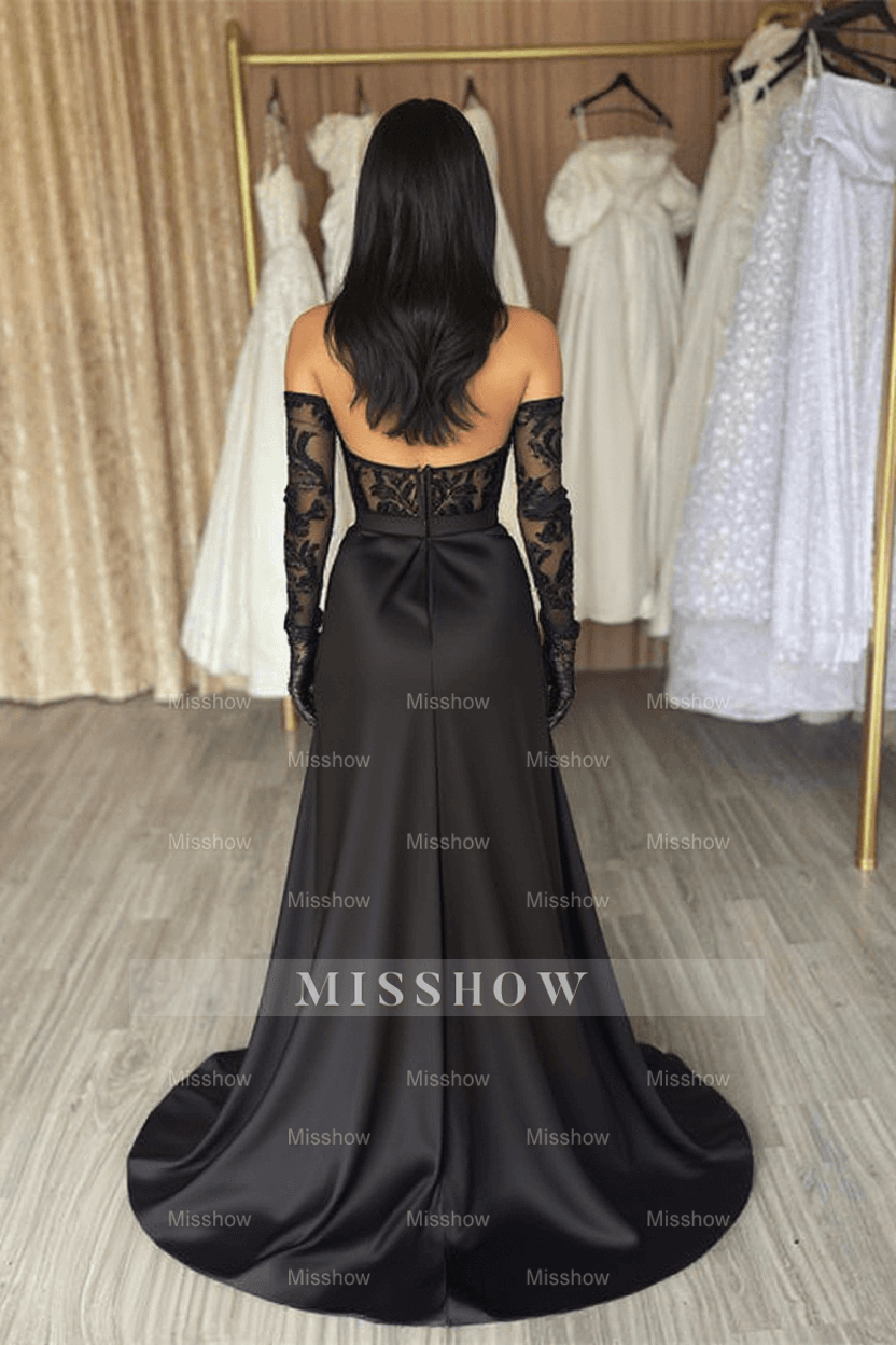 Elegant Long Black Off-the-shoulder Lace Mermaid Prom Dress With Slit
