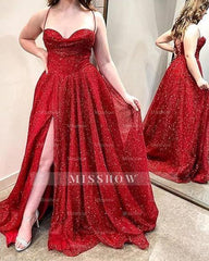 Elegant Long Blue A-line Spaghetti Straps Glitter Prom Evening Dresses With Slit