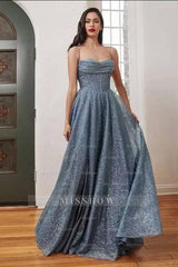 Elegant Long Blue A-line Spaghetti Straps Glitter Prom Evening Dresses With Slit