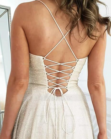 Elegant Long Blue A-line Spaghetti Straps Glitter Prom Evening Dresses With Slit