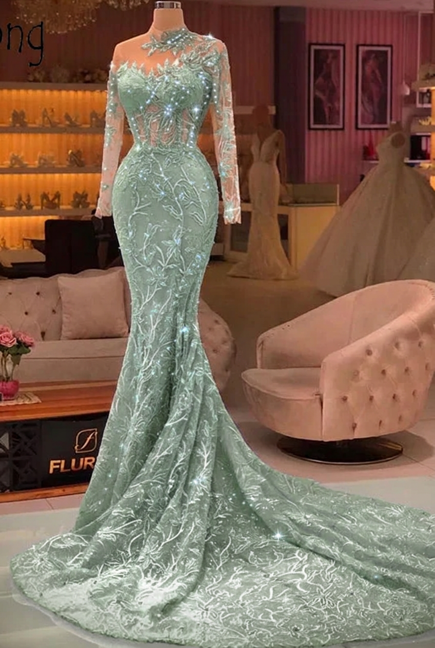 Dusty sage high neck applique mermaid prom dress