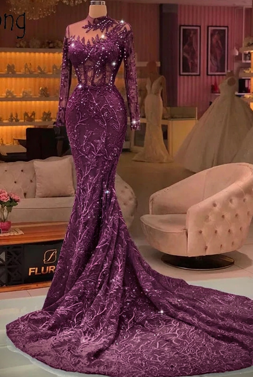 Grape high neck applique mermaid prom dress