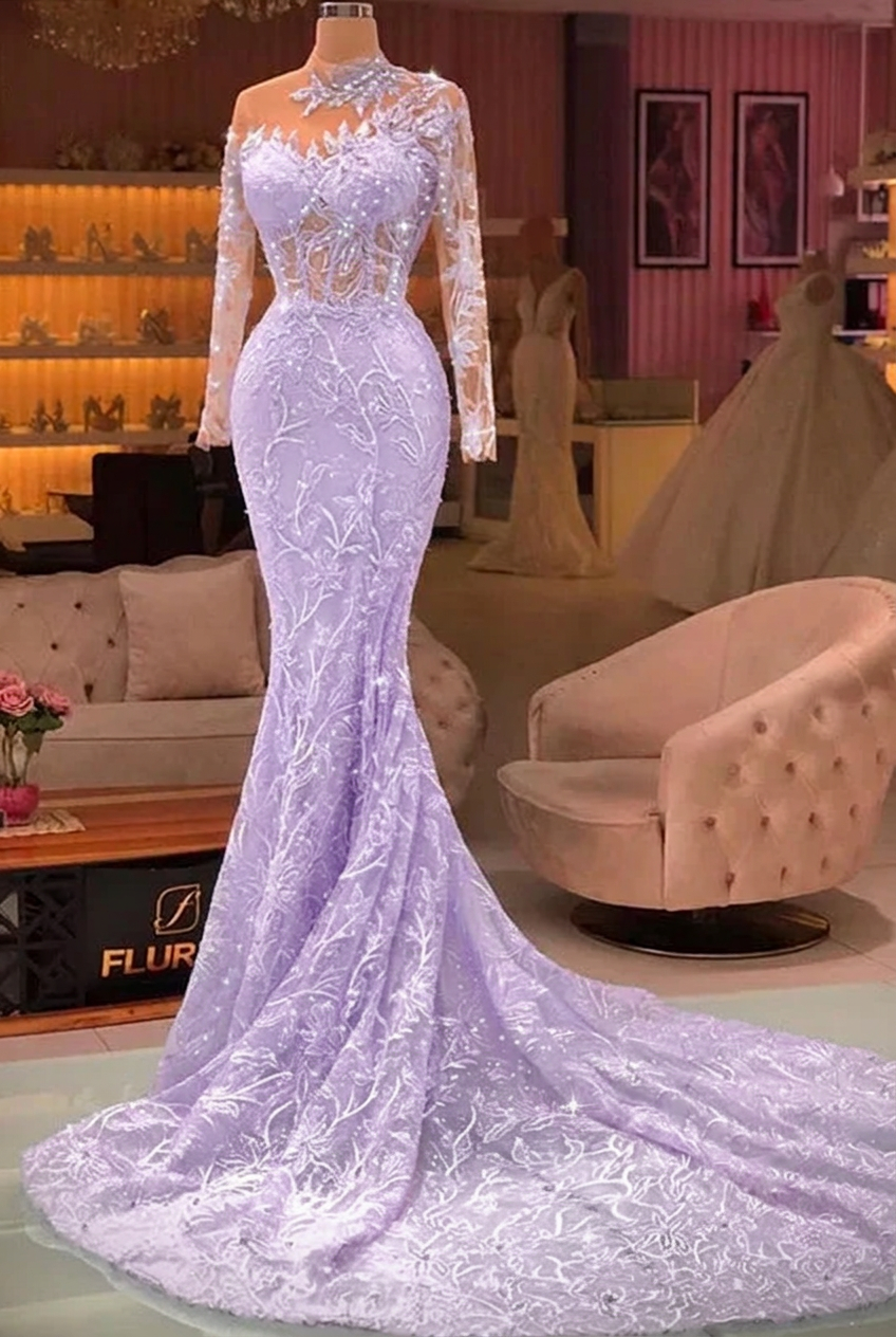 Lavender high neck applique mermaid prom dress
