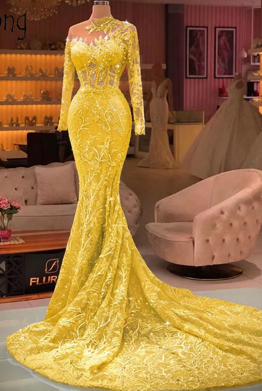 Yellow high neck applique mermaid prom dress