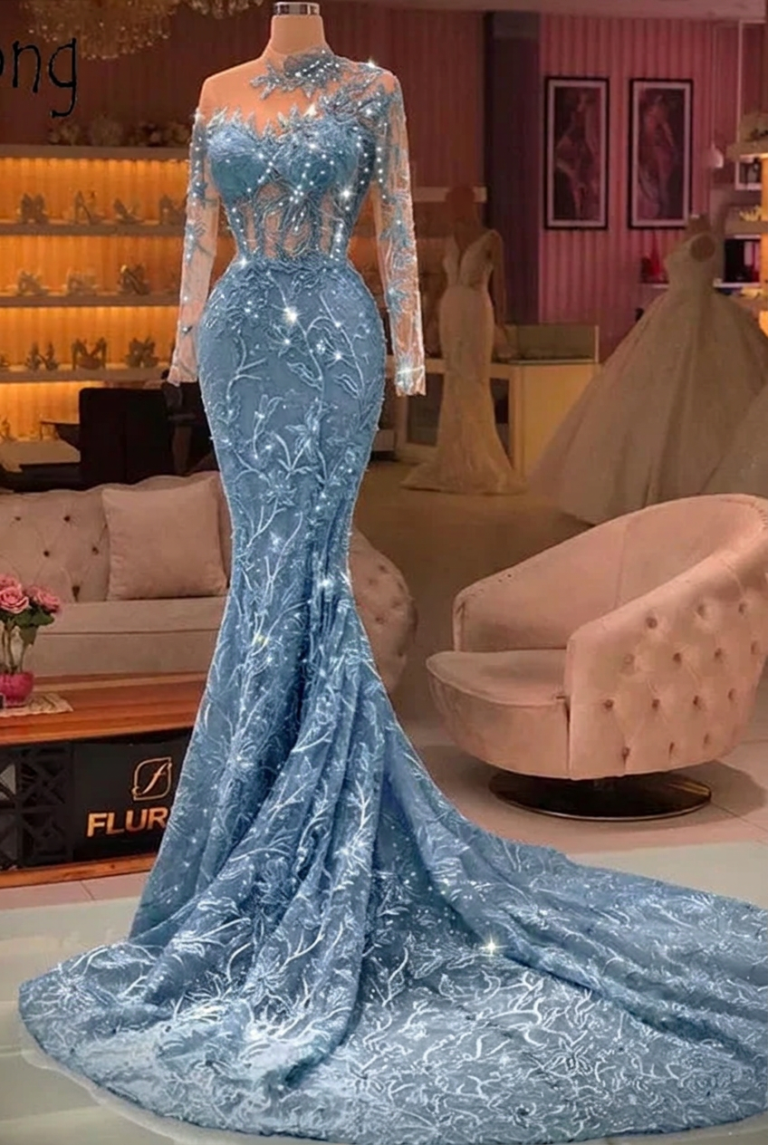 Dusty blue high neck applique mermaid prom dress