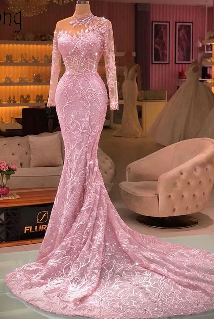 Candy pink high neck applique mermaid prom dress