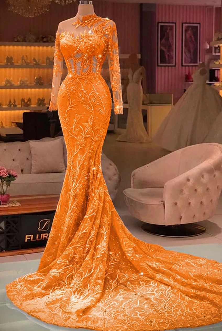 Orange high neck applique mermaid prom dress