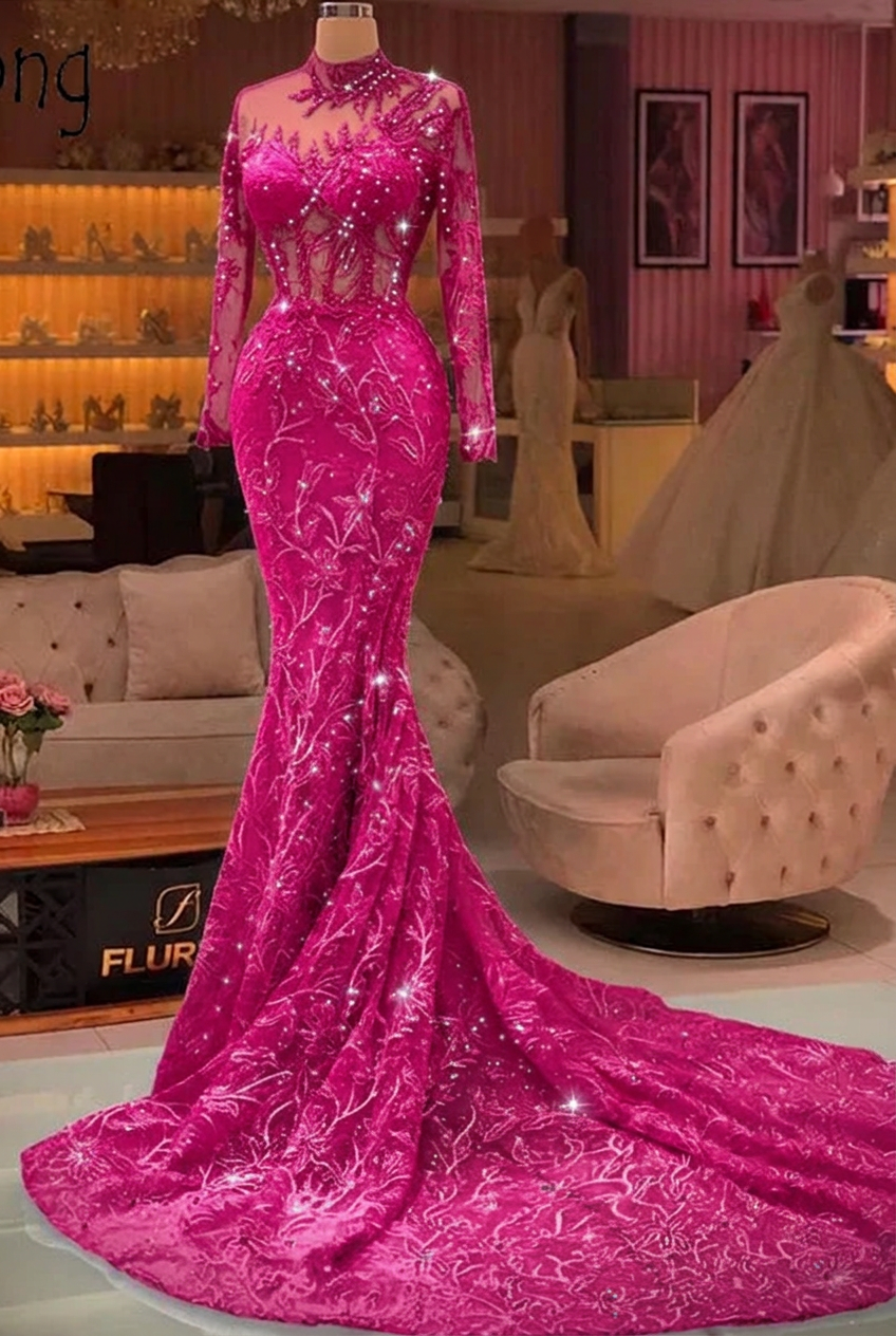 Fuchsia high neck applique mermaid prom dress