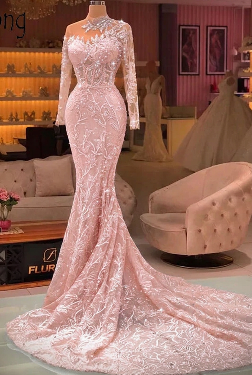 Blushing pink high neck applique mermaid prom dress