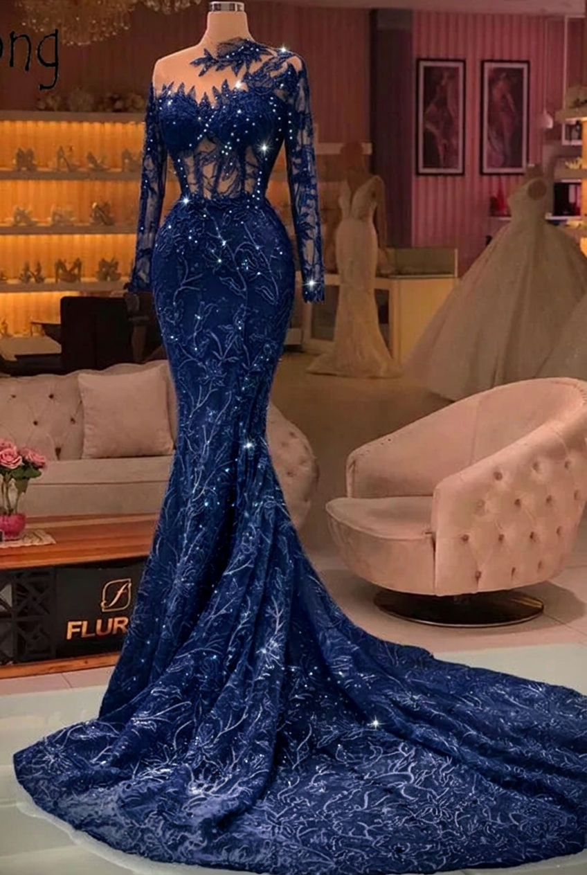 Dark navy high neck applique mermaid prom dress
