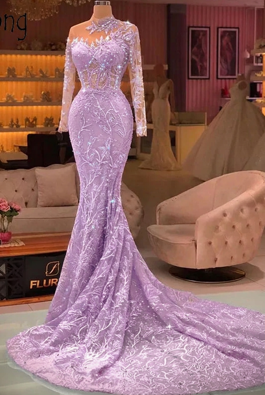 Lilac high neck applique mermaid prom dress