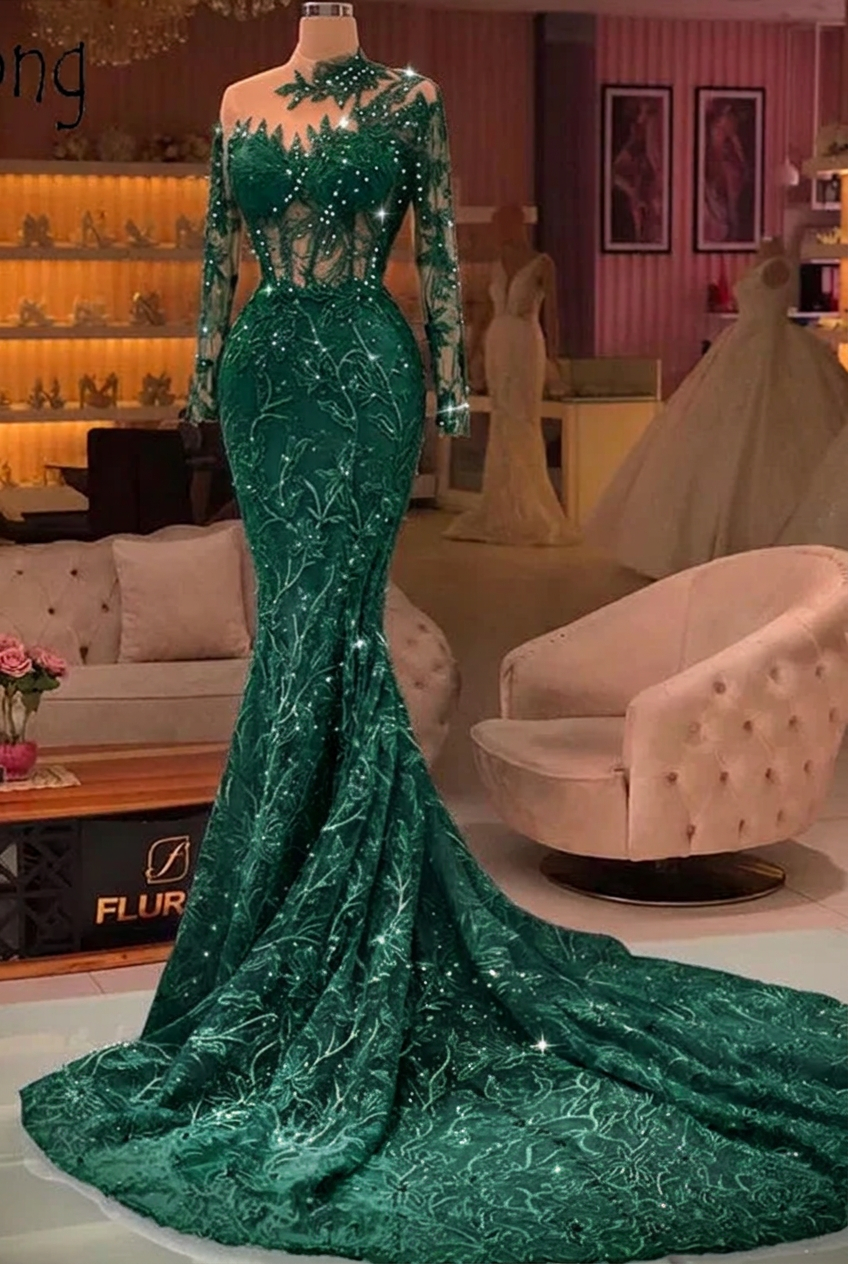 Dark green high neck applique mermaid prom dress