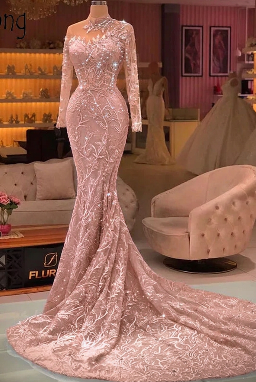 Dusty rose high neck applique mermaid prom dress
