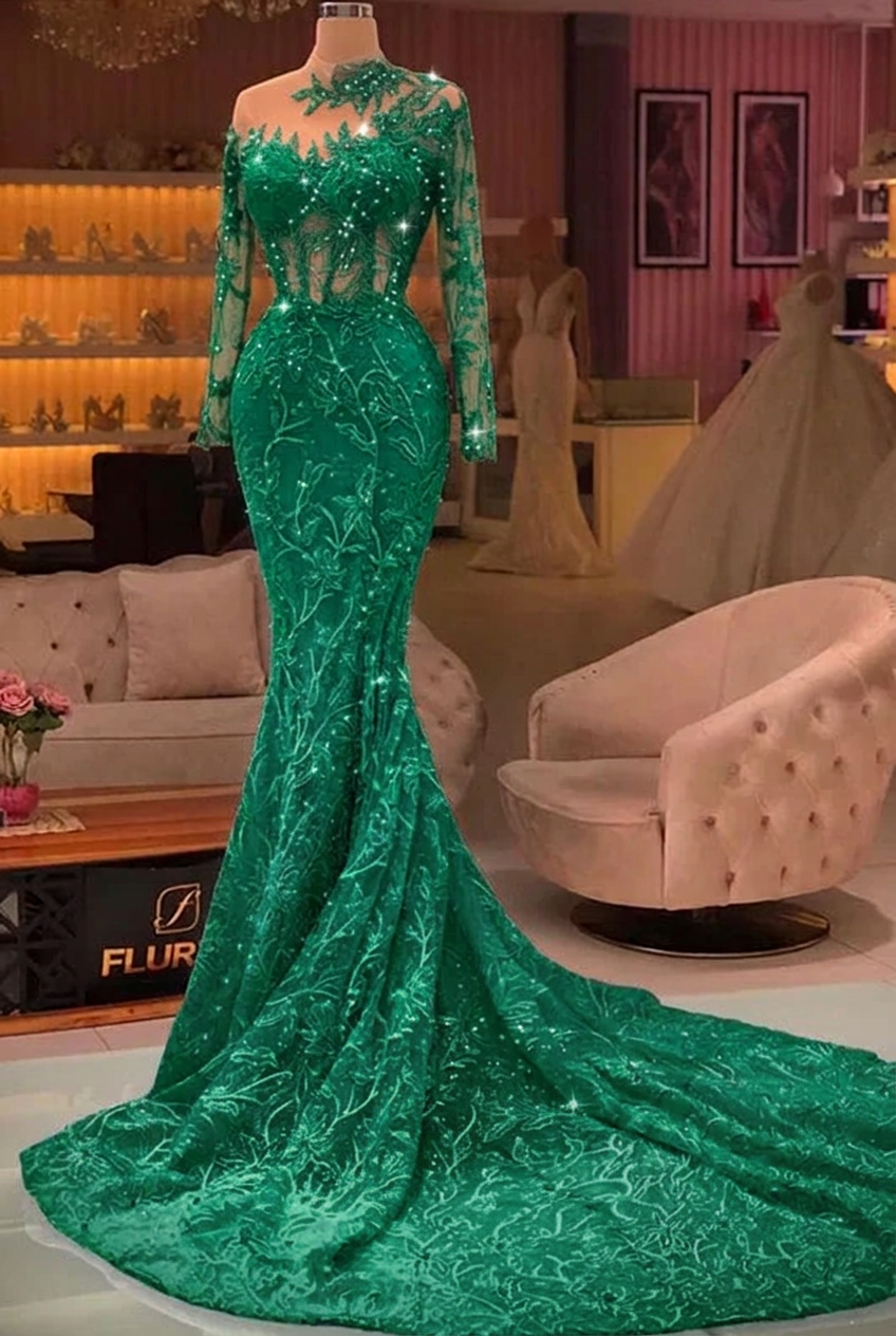 Emerald green high neck applique mermaid prom dress