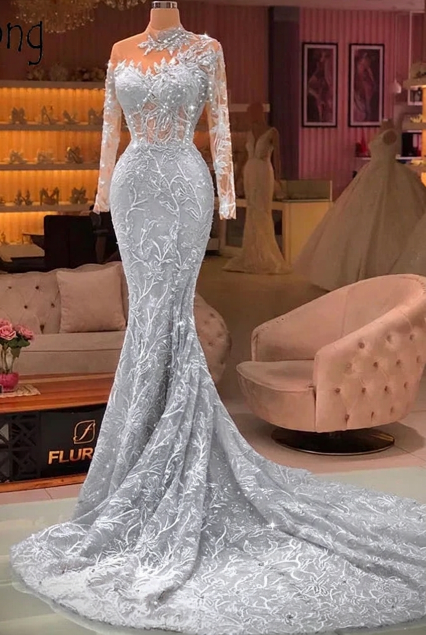 Silver high neck applique mermaid prom dress