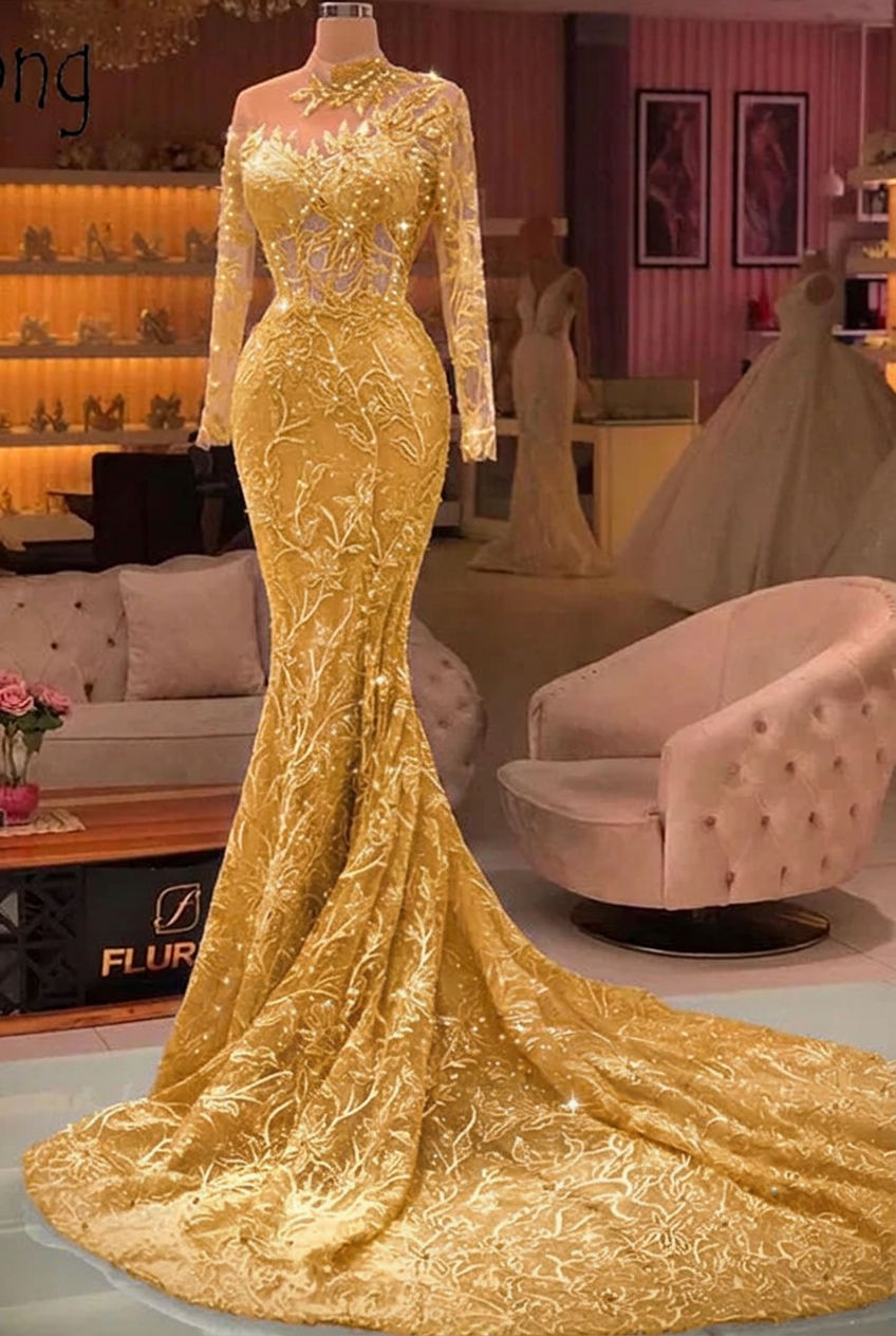 Gold high neck applique mermaid prom dress