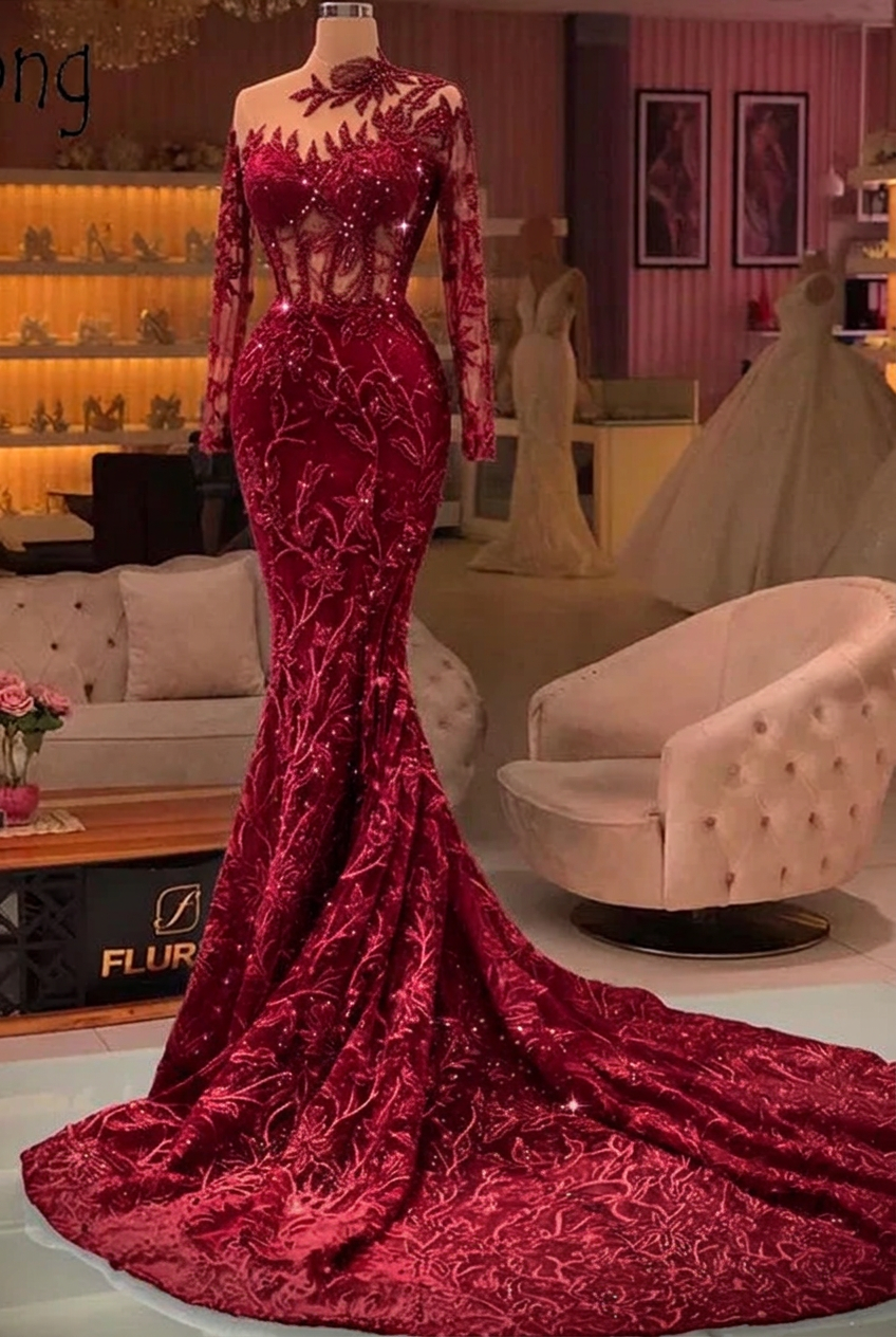 Burgundy high neck applique mermaid prom dress