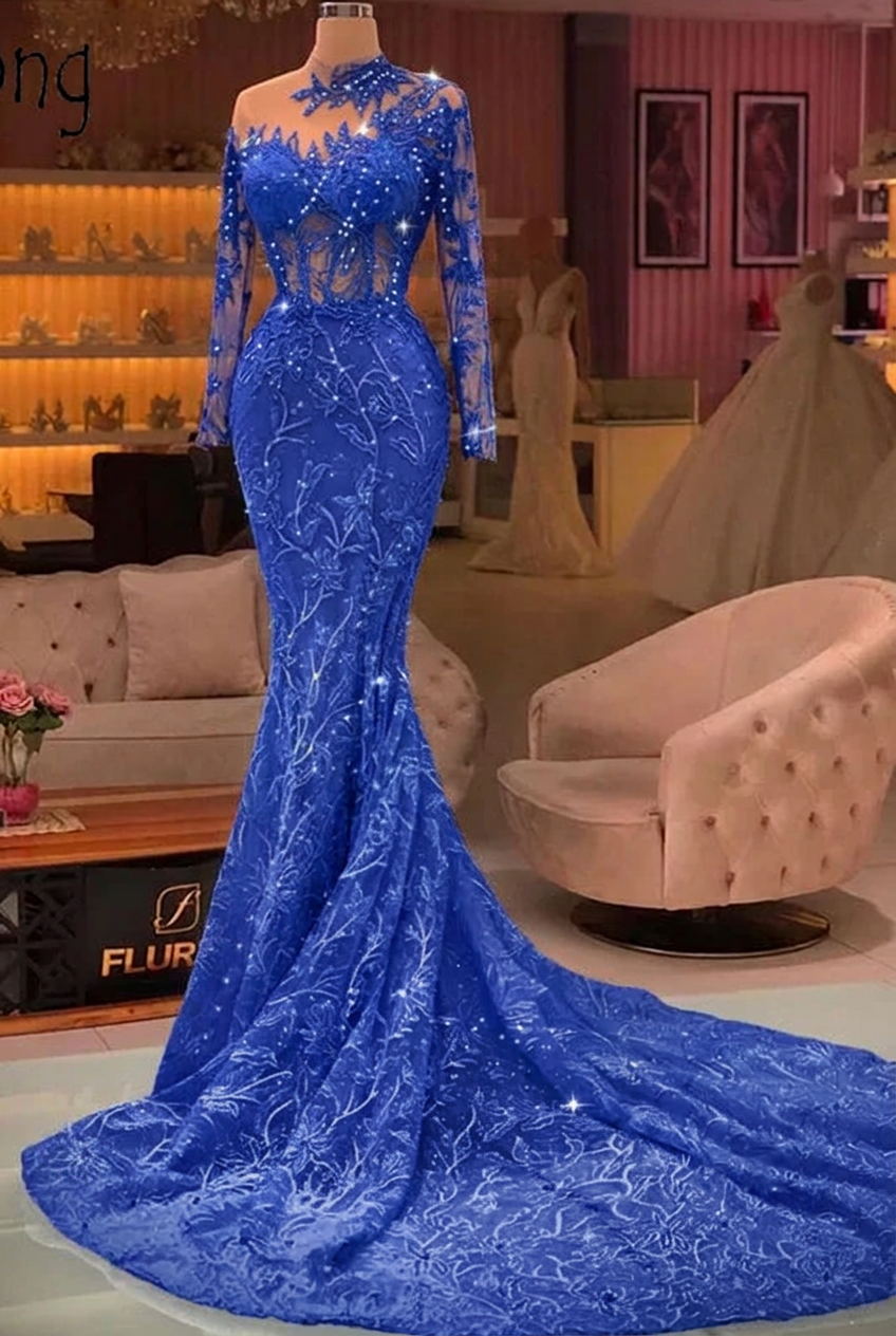 Royal blue high neck applique mermaid prom dress