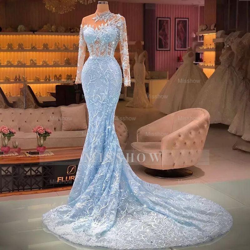 Elegant Long Blue Mermaid Long Sleeves Lace Prom Dress With Train Elegant Long Blue Mermaid Long Sleeves Lace Prom Dress With Train