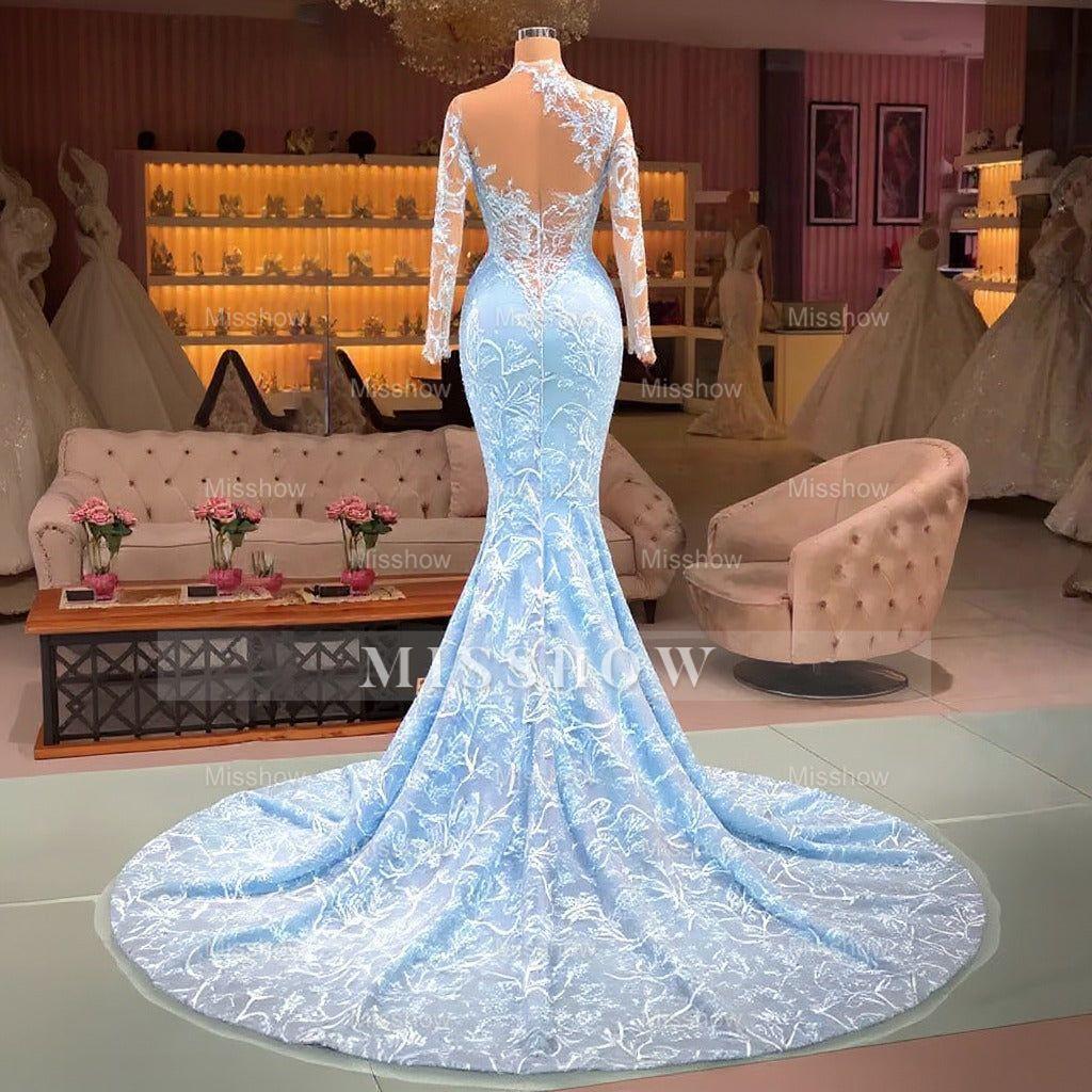 Elegant Long Blue Mermaid Long Sleeves Lace Prom Dress With Train