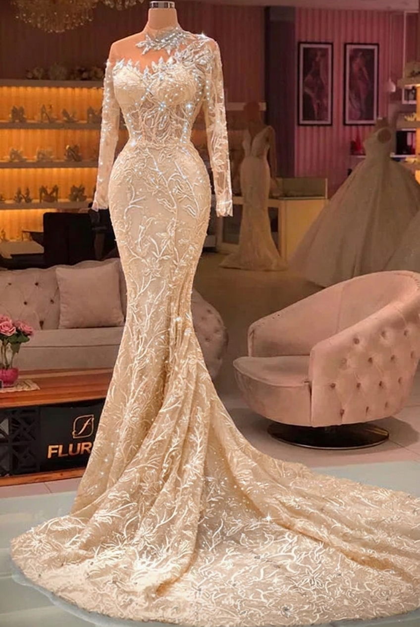 Champagne high neck applique mermaid prom dress