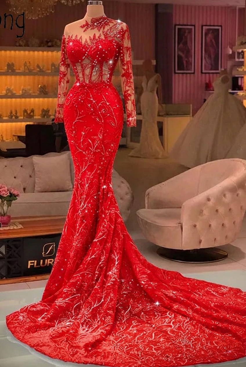Red high neck applique mermaid prom dress