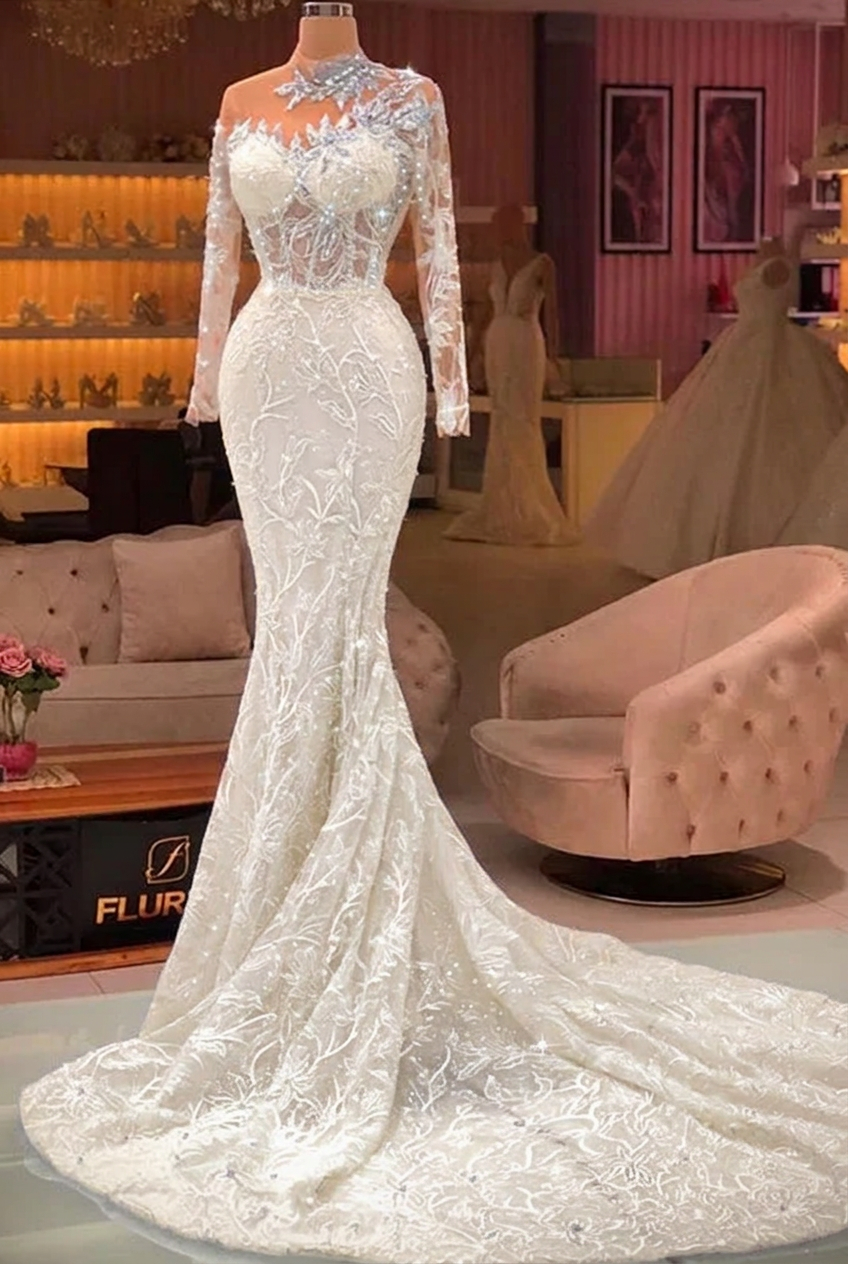 Ivory high neck applique mermaid prom dress